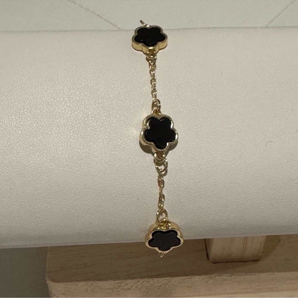 Gold Tone & Black Clover Link Bracelet - Women Jewelry New NWT